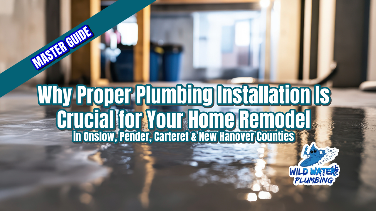 professional plumbing installation, kitchen remodel plumbing, bathroom renovation plumbing, basement plumbing solutions, plumbing code compliance NC, Jacksonville NC plumber, Onslow County plumbing services, Pender County plumbing experts, Carteret County plumbing contractor, New Hanover County plumbers, deep sink installation, toilet replacement services, walk-in shower plumbing, water heater installation, tankless water heater expert, dishwasher plumbing hookup, garbage disposal installation, leaking pipes repair, sump pump installation, plumbing for home additions, residential plumbing upgrades, veteran-owned plumbing company, Wild Water Plumbing, best plumber near me, licensed plumber in Jacksonville NC