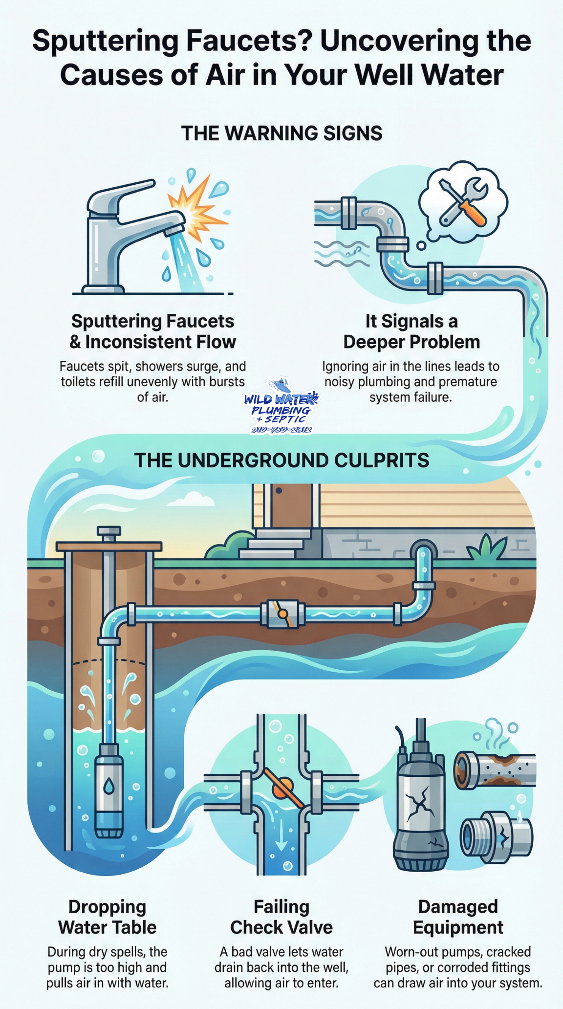 air in well water Sneads Ferry NC, sputtering faucet well Sneads Ferry NC, well water spitting air Sneads Ferry NC, air bubbles in well water NC, failing check valve Sneads Ferry NC, low water table well NC, well pump cavitation Sneads Ferry NC, well line air leak Sneads Ferry NC, pressure instability well system NC, Wild Water Plumbing + Septic well air issue repair Sneads Ferry NC