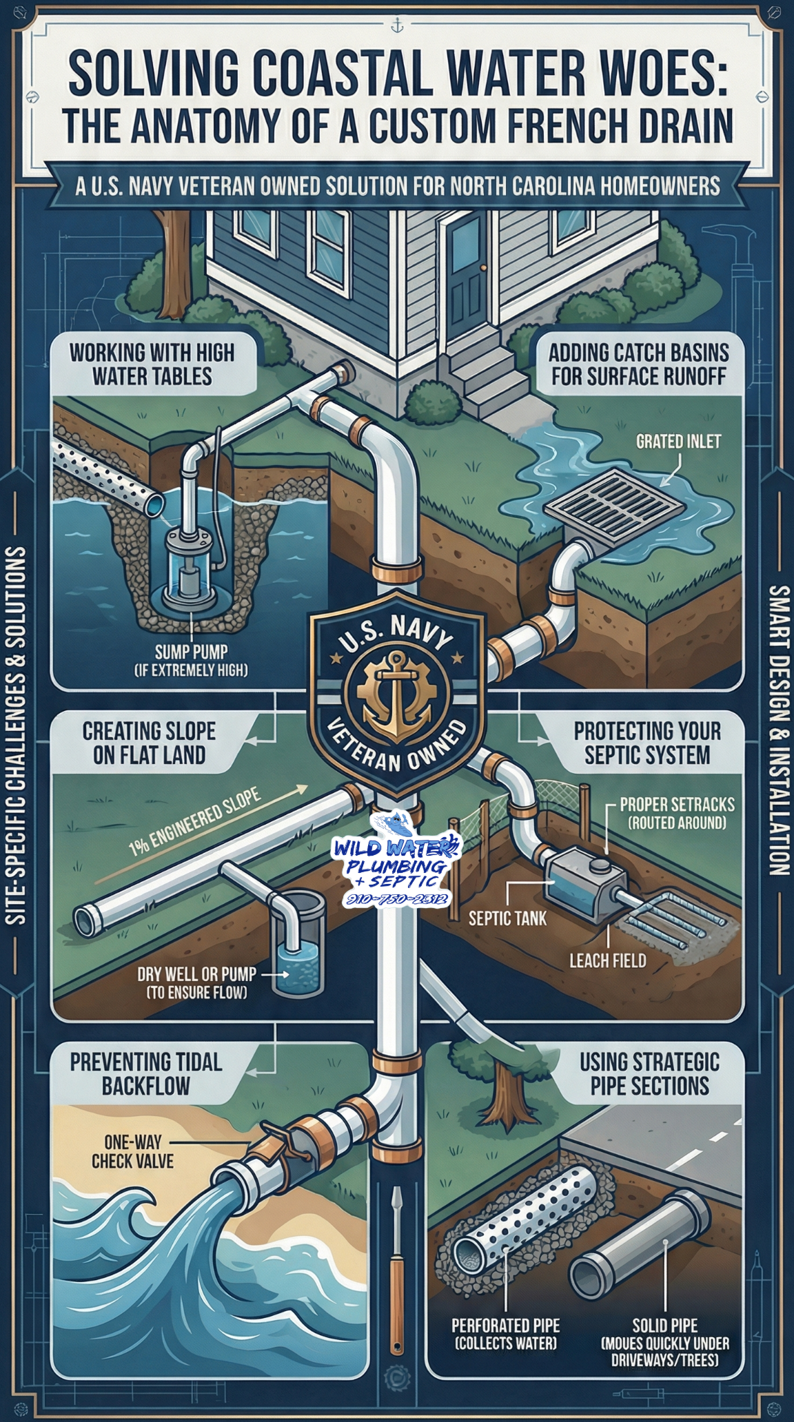 French drain design coastal NC, high water table French drain design, septic safe French drain layout, Swansboro yard drainage design, Hampstead septic drainage planning, Wilmington French drain placement, tidal backflow French drain prevention, clay soil French drain design, sandy soil drainage system NC, French drain slope requirements, yard grading drainage design, professional French drain installation NC