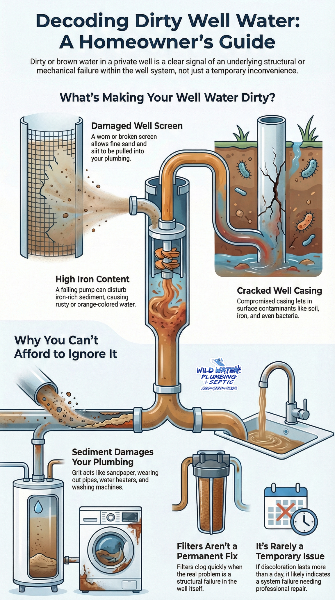 brown well water Piney Green NC, dirty well water Piney Green NC, sediment in well water Piney Green NC, cloudy well water Piney Green NC, iron in well water Piney Green NC, well screen failure Piney Green NC, well casing problems Piney Green NC, well pump causing dirty water NC, sediment damaging plumbing NC, Wild Water Plumbing + Septic well water repair Piney Green NC