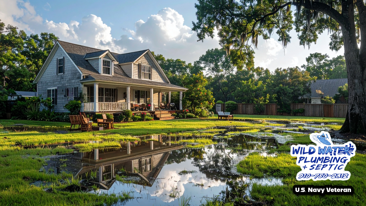 foundation damage from yard flooding NC, foundation cracks after rain Jacksonville NC, crawlspace water pooling coastal NC, hydrostatic pressure foundation walls, erosion under foundation Onslow County, slab foundation cracking water damage, clay soil foundation movement NC, Wilmington foundation water problems, crawlspace mold from poor drainage, coastal NC structural damage water, water pooling near foundation fix, French drain foundation protection, yard grading foundation issues