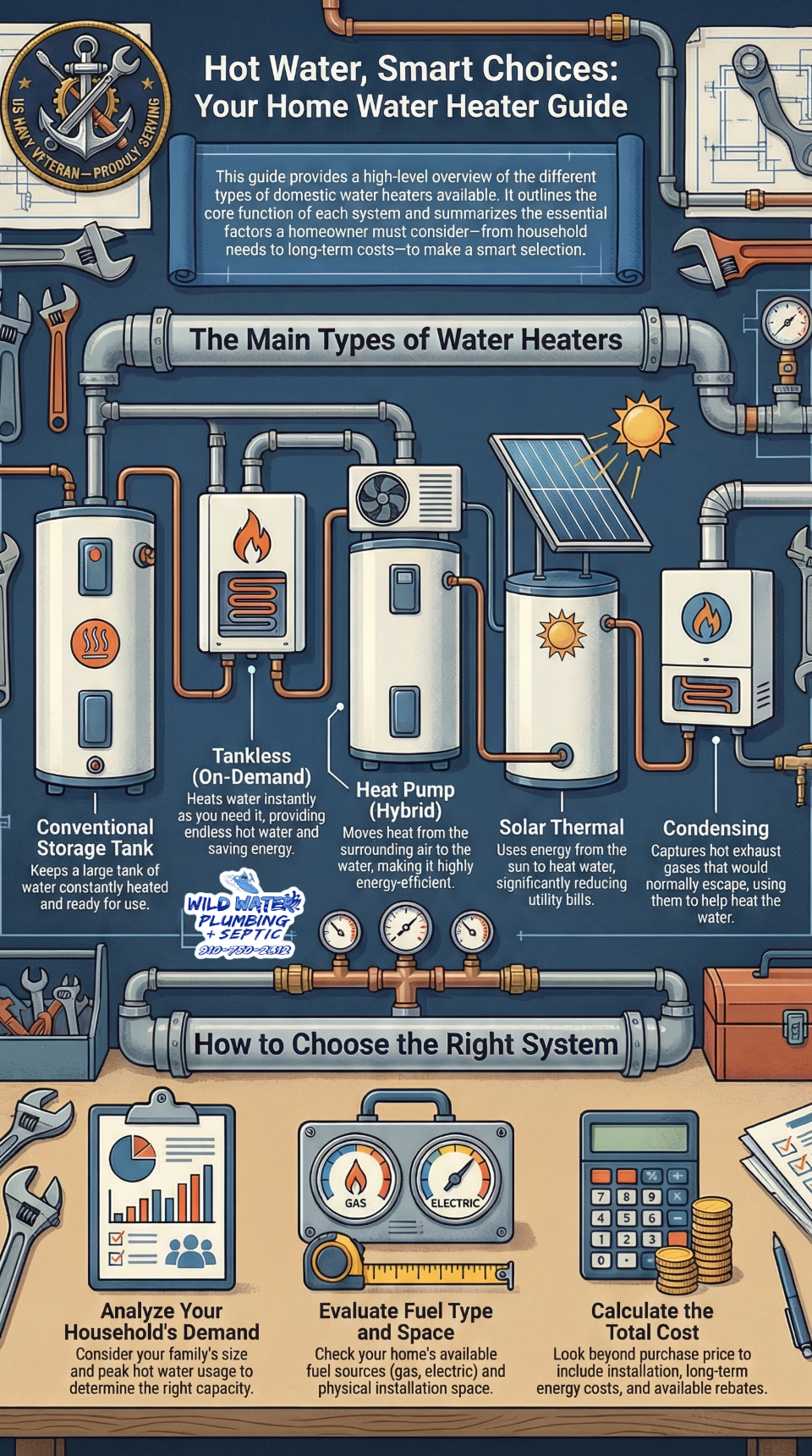 water heater selection guide, domestic water heater types, residential water heating systems, tank vs tankless water heater, heat pump water heater efficiency, solar water heater options, water heater total cost of ownership, water heater sizing for households, water heater fuel type comparison, energy efficient water heaters, water heater installation requirements, water heater maintenance schedule, high efficiency water heater models, eco friendly water heating systems, water heater rebates 2024, professional water heater consultation, long term water heater reliability, water heater lifespan comparison, choosing the right water heater, home hot water system planning