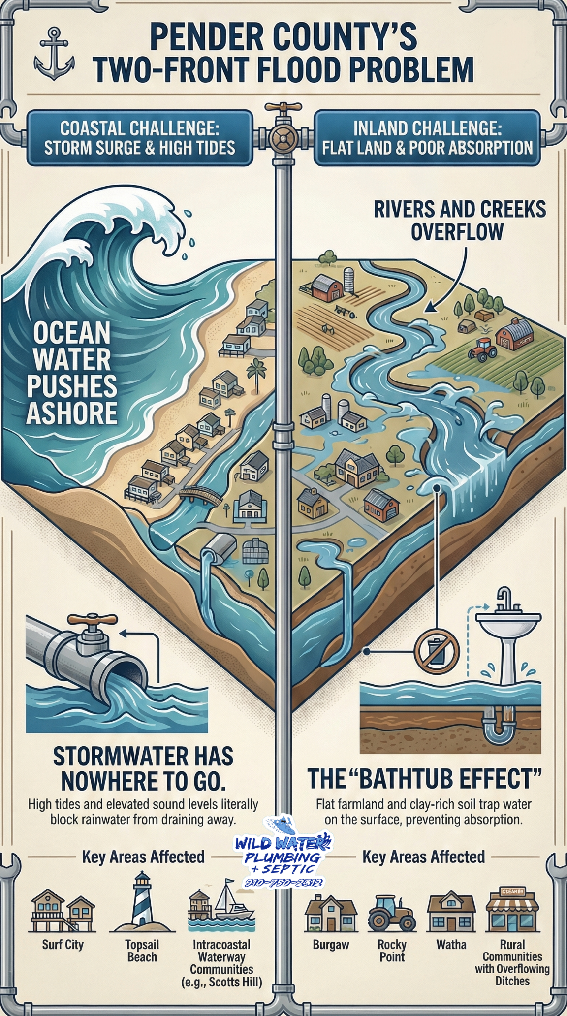 Pender County yard flooding, Burgaw flooding problems, standing water after storms Pender County, Surf City yard drainage issues, Topsail Beach storm surge flooding, Hampstead waterlogged yards, Rocky Point clay soil drainage, Watha ditch overflow flooding, Scotts Hill high water table, Northeast Cape Fear River flooding, inland swampland drainage NC, hurricane flooding Pender County, soggy lawns after heavy rain Pender NC, coastal stormwater runoff issues