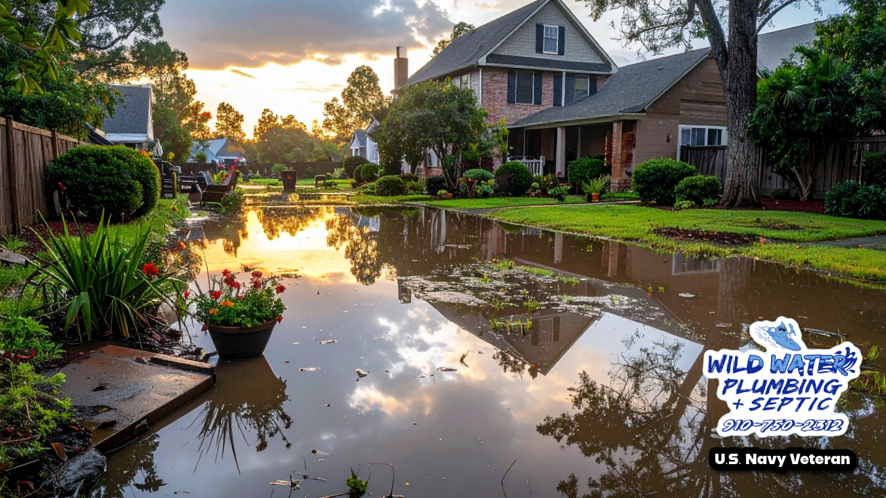 flooded septic system Onslow County NC, septic drain field saturated Jacksonville NC, septic backup after rain Richlands NC, septic system failure Surf City NC, septic flooding North Topsail Beach NC, high water table septic problems coastal NC, gurgling toilet after heavy rain septic, slow drains after storm septic, sewage surfacing in yard North Carolina, septic drain field standing water, septic odors after rain, septic system health hazard NC, septic drain field repair cost coastal NC, protect septic system with yard drainage, French drain to protect septic field