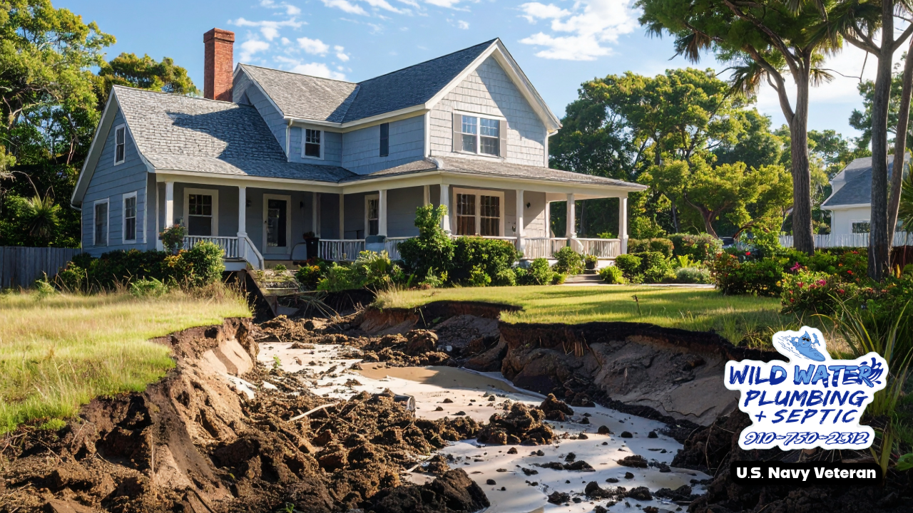 soil erosion yard Onslow County NC, landscape damage standing water NC, washed out yard Jacksonville NC, muddy lawn erosion coastal NC, yard runoff damage Richlands NC, gully erosion residential yard, yard sinkholes from poor drainage, tree root damage waterlogged soil, grass dying from standing water, mosquito breeding yard puddles, French drain yard erosion control, stormwater runoff yard fix, flat yard drainage problems NC