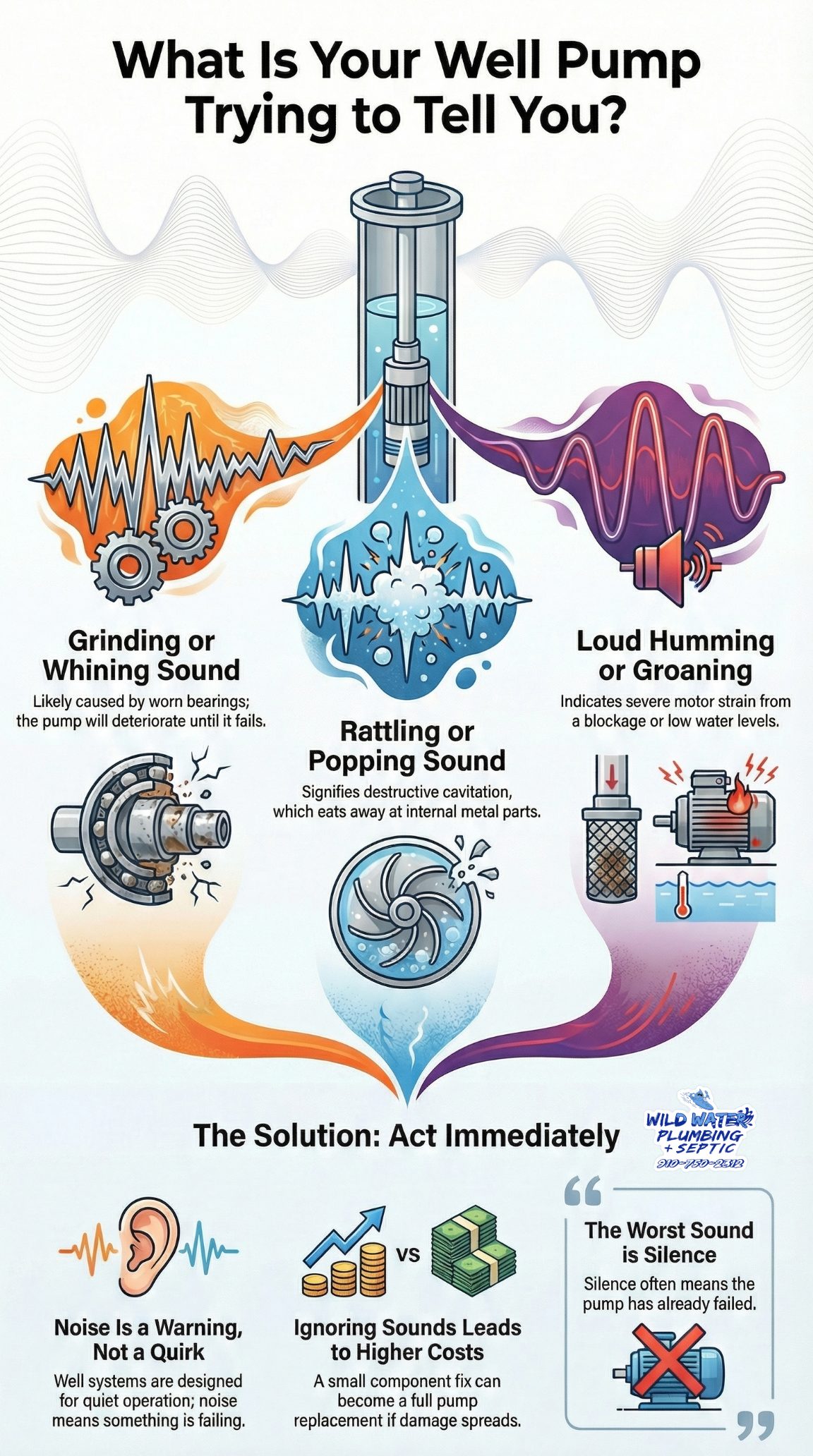 loud well pump Holly Ridge NC, strange well pump noises Holly Ridge NC, grinding well pump NC, noisy well pump symptoms NC, well pump bearing failure NC, well pump cavitation noise NC, humming well pump NC, failing well pump sounds NC, well pump motor strain NC, Wild Water Plumbing + Septic well pump noise repair Holly Ridge NC