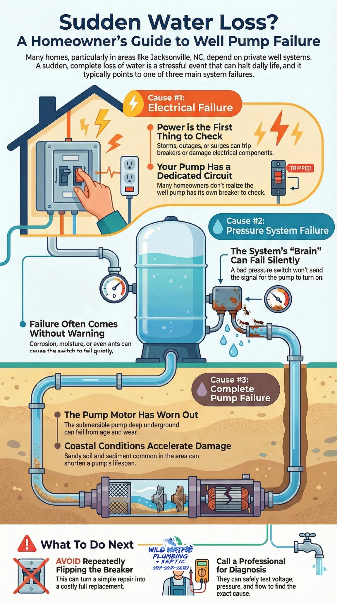 no water from well Jacksonville NC, well pump not working Jacksonville NC, sudden loss of well water Jacksonville NC, well pump failure signs Jacksonville NC, emergency well pump repair Jacksonville NC, well water stopped working Jacksonville NC, well pressure switch failure Jacksonville NC, electrical well pump issues Jacksonville NC, storm related well pump failure Jacksonville NC, Wild Water Plumbing + Septic well pump repair Jacksonville NC