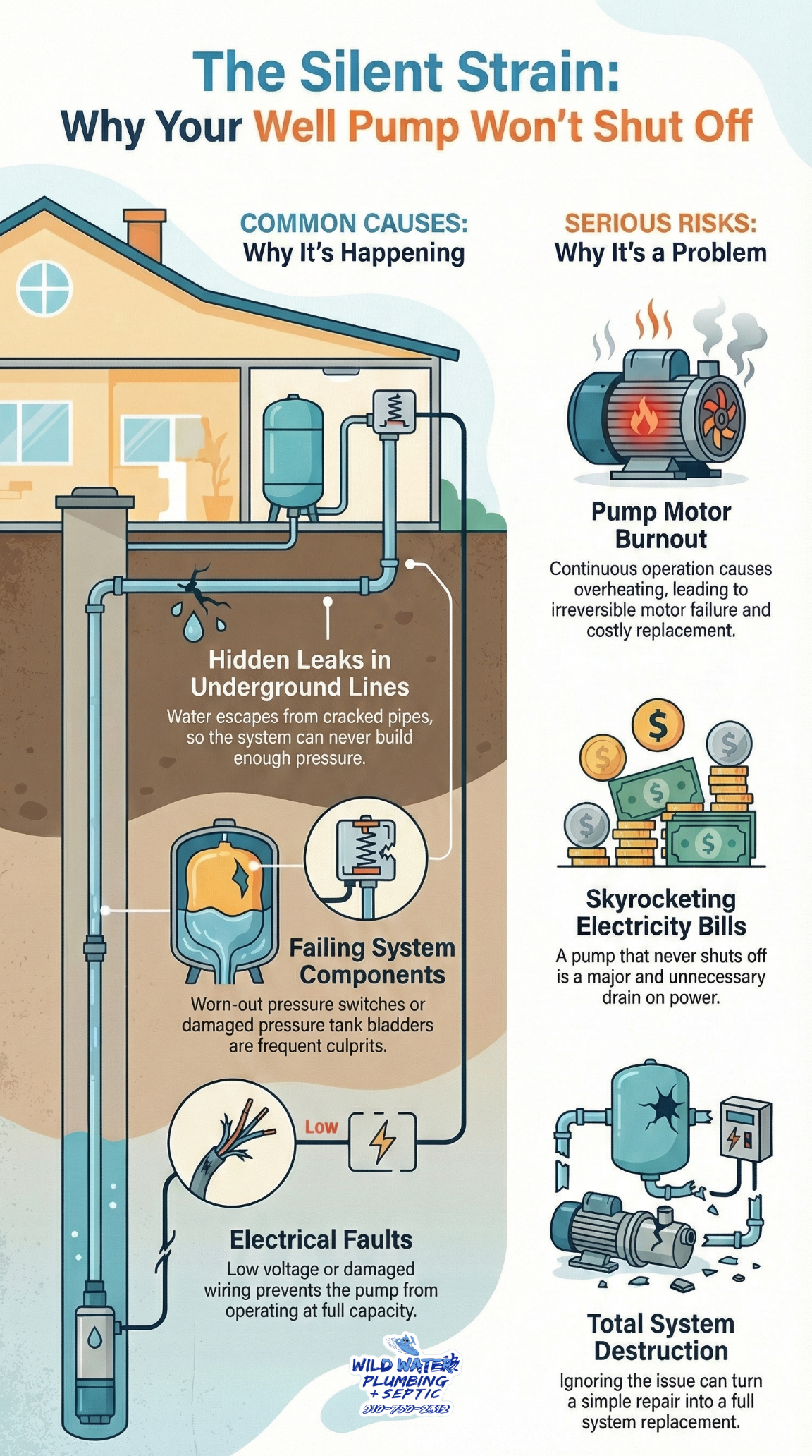 well pump running constantly Hubert NC, well pump will not shut off Hubert NC, nonstop well pump Hubert NC, pressure switch failure Hubert NC, waterlogged pressure tank Hubert NC, underground well line leak Hubert NC, well pump overheating NC, continuous well pump operation NC, well system pressure failure Hubert NC, Wild Water Plumbing + Septic well pump repair Hubert NC