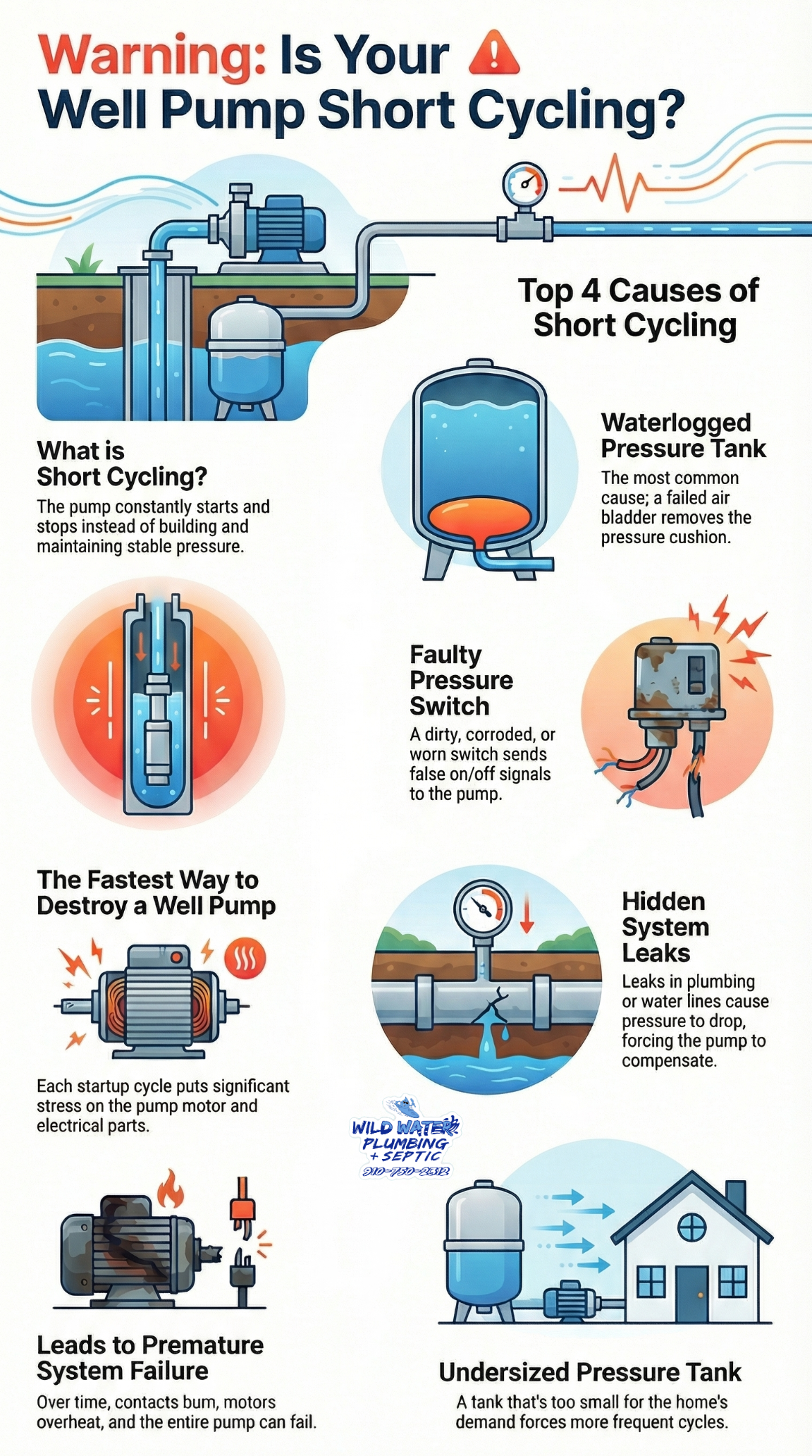 well pump short cycling Midway Park NC, pump turning on and off Midway Park NC, pressure tank waterlogged Midway Park NC, pressure switch problems Midway Park NC, well pump cycling too often NC, short cycling damaging well pump NC, well pressure tank failure NC, constant pump cycling symptoms NC, well system pressure issues Midway Park NC, Wild Water Plumbing + Septic short cycling repair Midway Park NC
