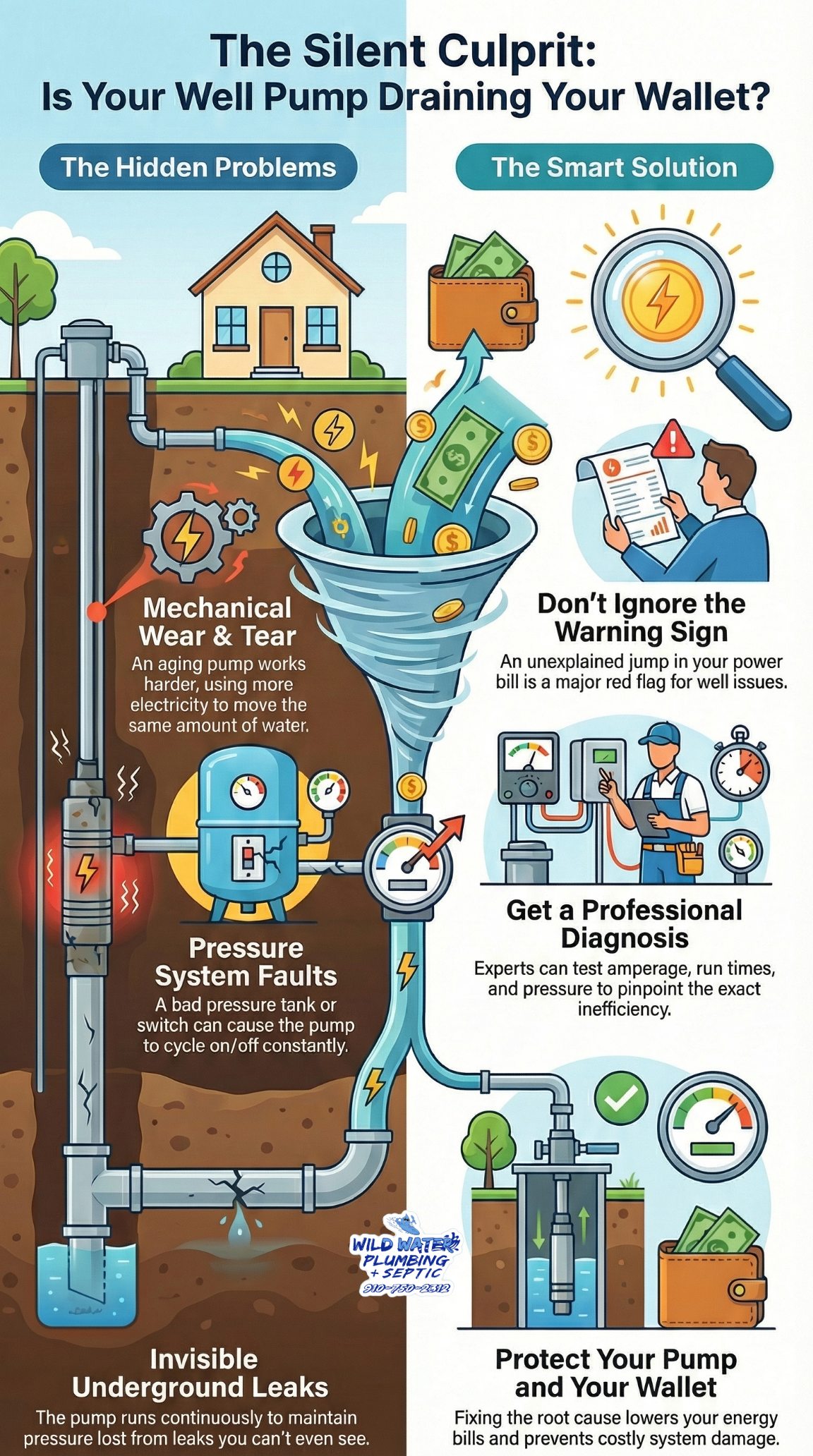 high electric bill well pump Swansboro NC, well pump using too much electricity NC, inefficient well pump Swansboro NC, well pump running too long NC, rising power costs well system NC, well pump electrical strain NC, pressure system inefficiency NC, well pump motor wear NC, hidden well pump energy drain NC, Wild Water Plumbing + Septic well pump efficiency Swansboro NC