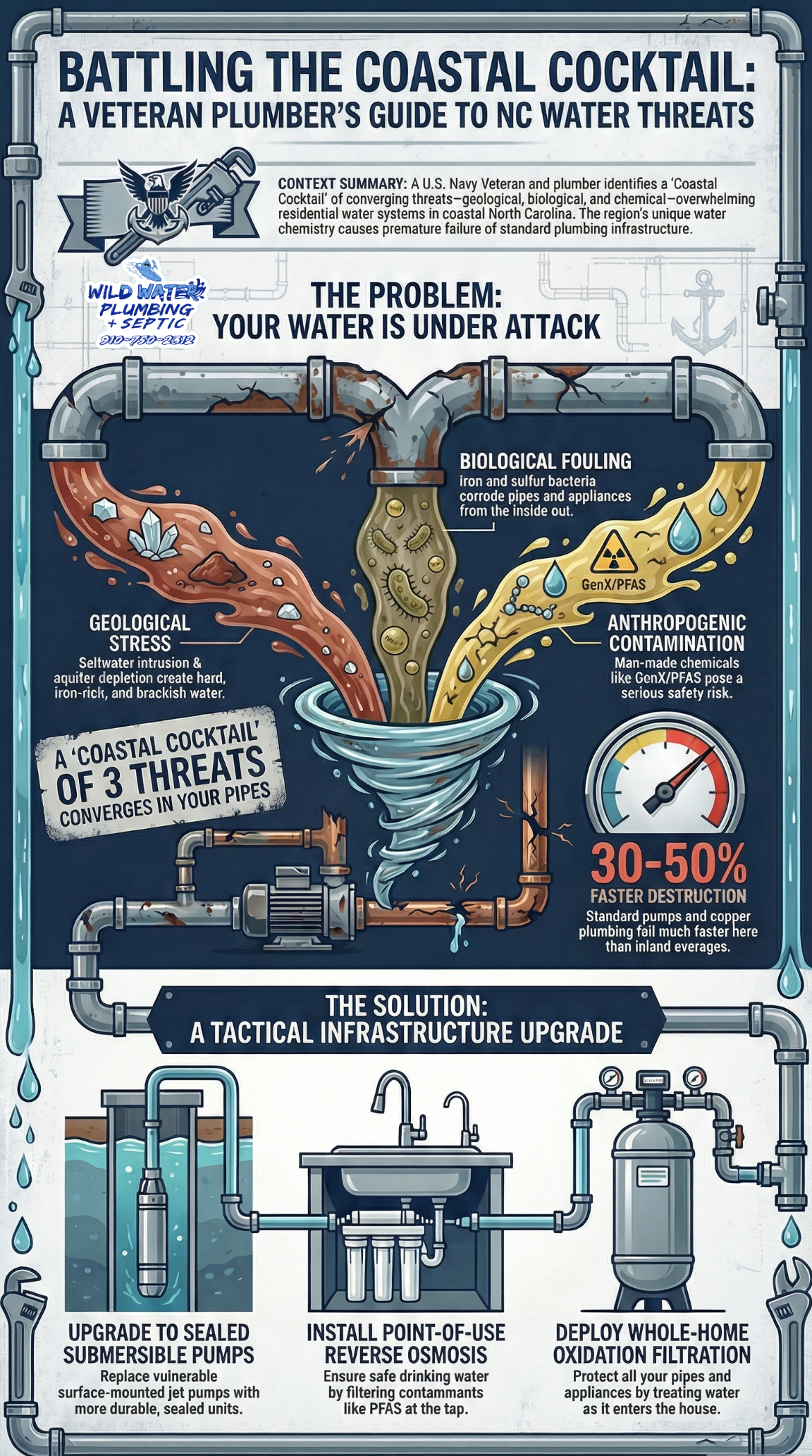 coastal north carolina water problems, brackish well water north carolina, genx water contamination nc, pfas drinking water coastal nc, iron bacteria in well water, sulfur smell in water north carolina, saltwater intrusion wells nc, coastal aquifer water quality, castle hayne aquifer issues, peedee aquifer problems, septic system failure coastal nc, well pump corrosion coastal areas, whole house water filtration nc, reverse osmosis drinking water nc, veteran owned plumbing coastal north carolina