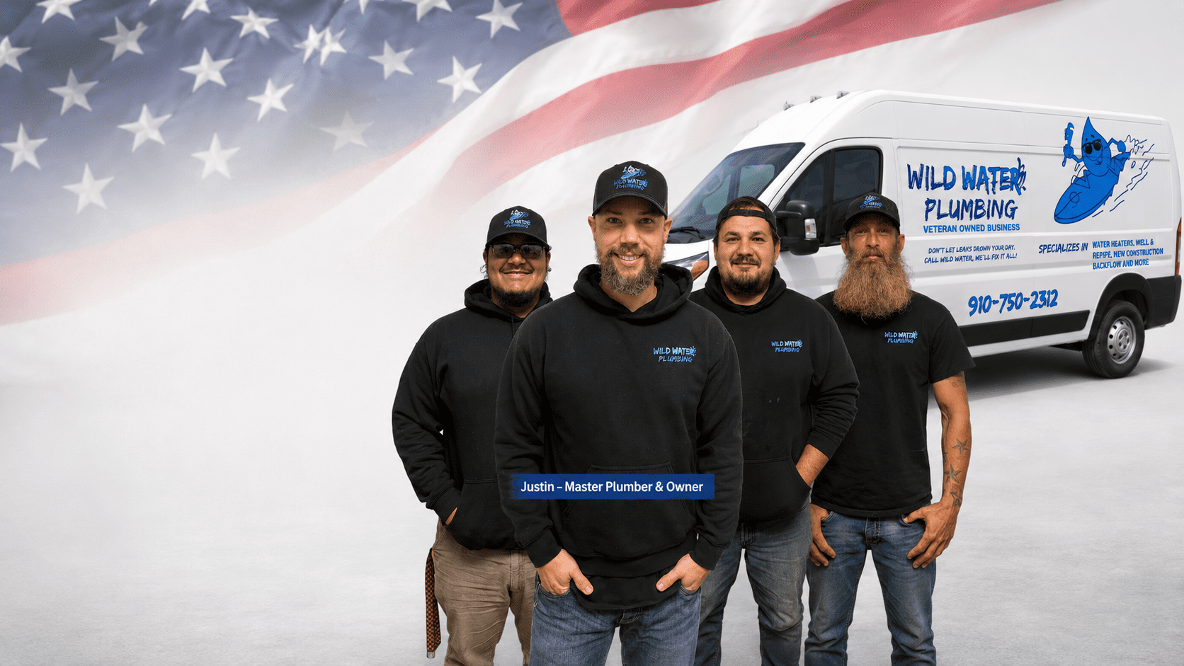 Justin Wilder and the Wild Water Plumbing team with their service van and an American flag