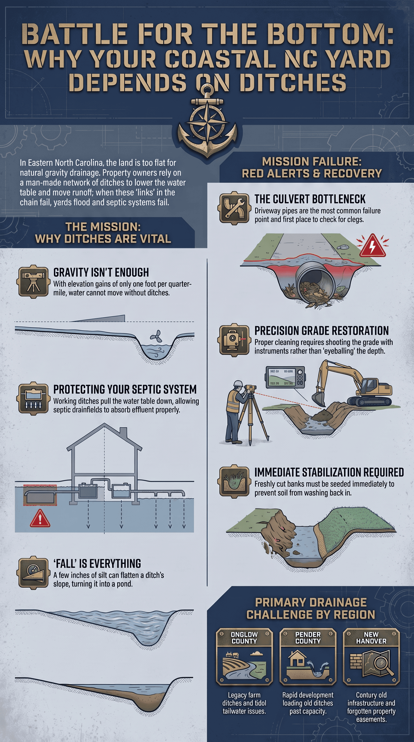 Coastal Carolina Drainage Ditch Guide Coastal Carolina Drainage Ditch Guide,Drainage Ditch Cleaning in Eastern North Carolina: The Complete Homeowner Guide,Wild Water Plumbing + Septic,Clogged Drains,Drainage Ditch Cleaning in Eastern NC: Complete Guide,drainage ditch cleaning